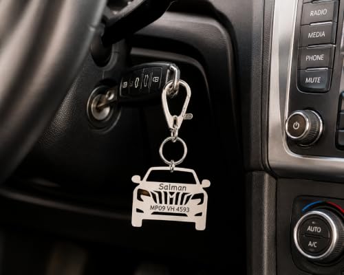 Image of Personalized Stainless Steel Key Chain /Key Ring | Durable, Compatible with All Models | Customized Car Number Plate | Ideal Gift for Him (Silver)