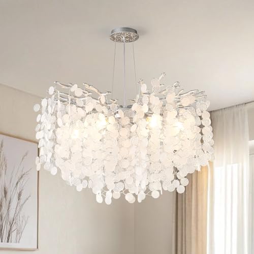 VBKK 24-Inch Modern Coastal Chandelier, 8-Light Capiz Shell Chandelier for Dining Room, Silver Crystal Light Fixtures for Bedroom Living Room Foyer Kitchen Island Entryway Stairwell, E12