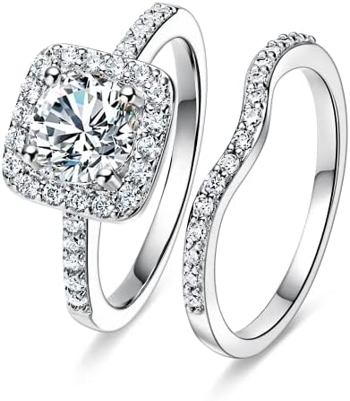 MDFUN 18K White Gold Plated Cubic Zirconia Two-in-One Halo Wedding Engagement Promise Eternity Ring for Women