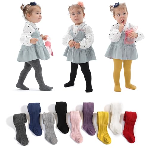 Image of EPEIUS Baby Girl Tights Cable Knit Cotton Seamless Footed Leggings 0-6Y | STAY-UP BABY TIGHTS. High elastic waist, smooth toe. Fits 0-3m newborn, infant & toddler. Ideal for daily wear & dresses.