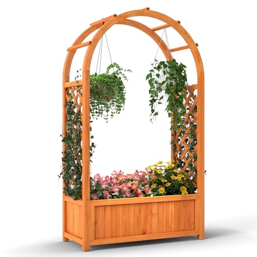 Giantex Raised Garden Bed with Arch Trellis, for Climbing Vine Flower Vegetable, Wood Planter Box with Liner & Drainage Design, Outdoor Plant Container for Yard Balcony (33