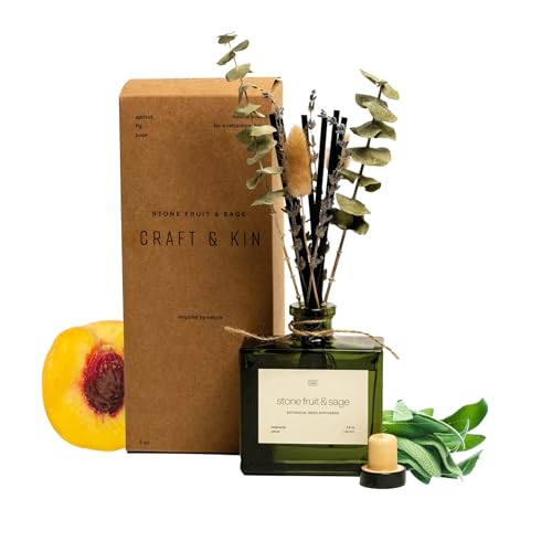 Craft & Kin Reed Diffuser with Dried Flowers | 5 oz Stone Fruit & Sage​​ Scented Holiday Reed Diffusers for Home, Bathroom | Scent Sticks | Elegant Fragrance Home Decor for Men & Women