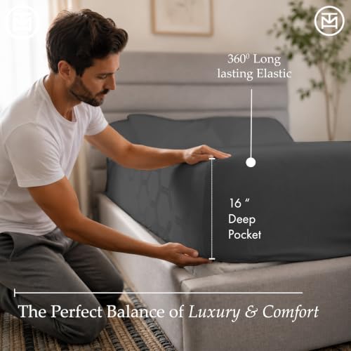 Image of Threadmill 100% Cotton Sheets for Full Size Bed - 600 Thread Count Full Bed Sheets Set with 16 inch Deep Pocket - Jacquard Sateen Weave 4-Piece Bedding Set with Cooling Effect, Dark Grey