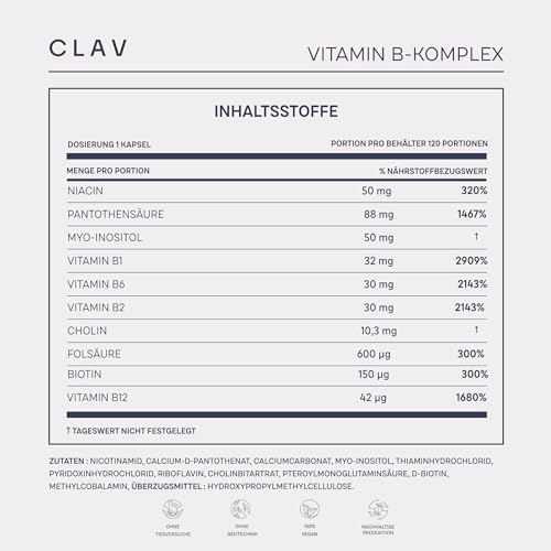 CLAV® Vitamin B Komplex – 360 vegane Kapseln (3er Set) – alle 8 B-Vitamine & Kofaktoren – Vit B1, B2, B3, B5, B6, B12 Methylcobalamin, Biotin & Folsäure – hochdosiert & vegan