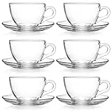 Tosnail 6 Pack 7-Ounce Glass Tea Cups and Saucers Sets Glass Coffee Mugs