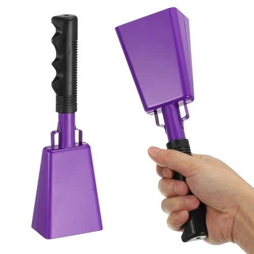 PATIKIL 10 Cow Bells for Football Games, 2Pcs Cowbells for Sporting Events Bulk Loud Noise Makers Metal Cow Bell with Handle for Cheering Competition Marathon Wedding DIY, Dark Purple