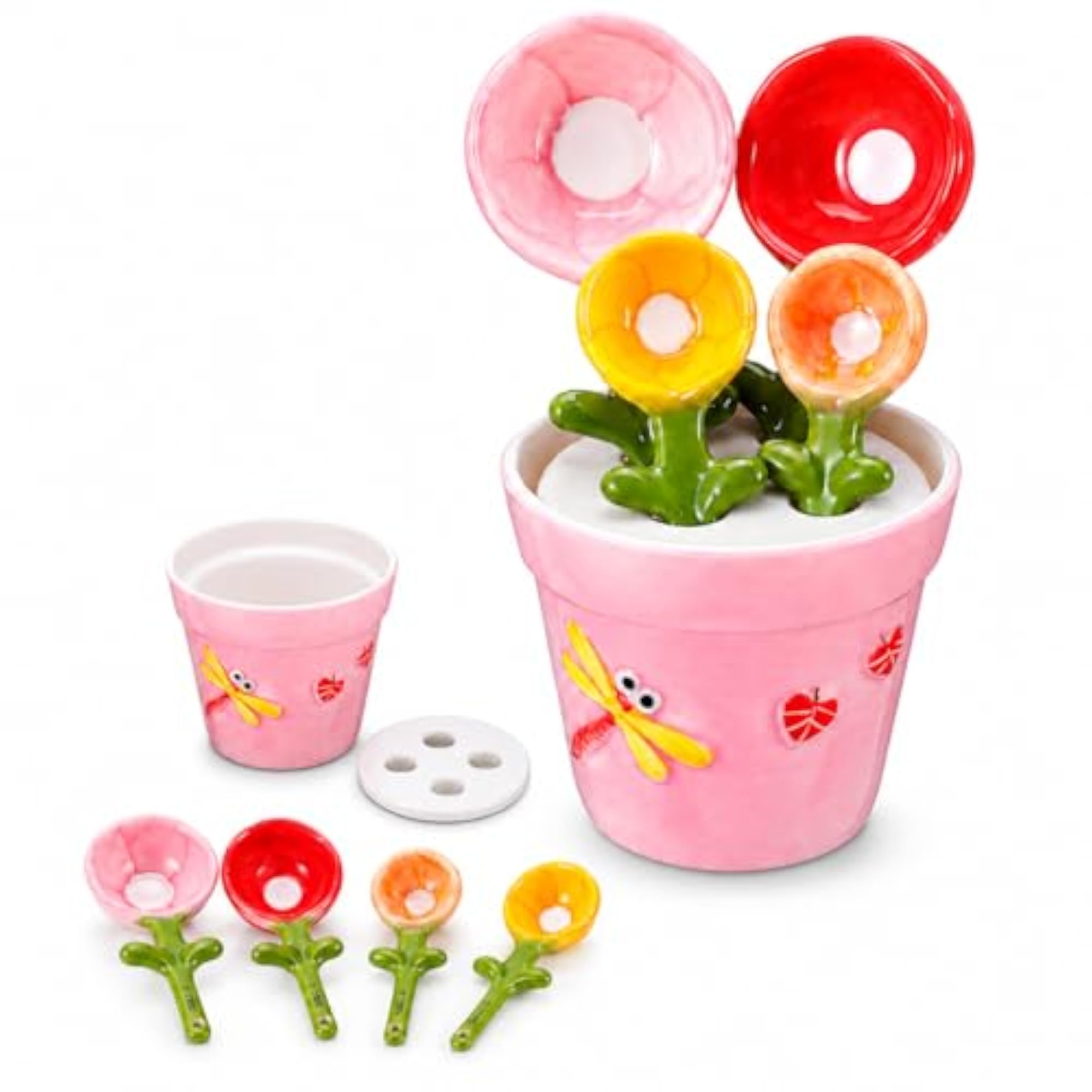 Ceramic Measuring Spoons Set with Flower Pot Holder, 4 Piece