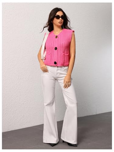Image of GORGLITTER Women's Cropped Sweater Vest Sleeveless Button Up Cardigan Cute Holiday Knit Sweater Tank Tops Dressy Casual Hot Pink X-Large