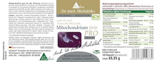 Mitochondrium forte PRO nach Dr. med. Michalzik - Q10, Acetyl-L-Carntin, NADH, Rhodiola rosea, Phosphatidylserin, Glutathion, Cordyceps - ohne Zusatzstoffe - von BIOTIKON®