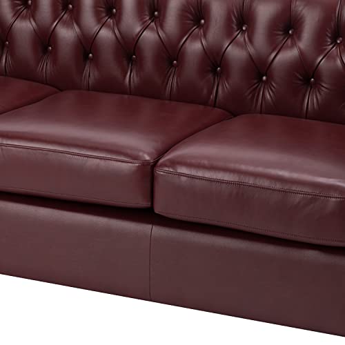 Hulala Home Faux Leather Sofa Couch, 75-Inch Extra Wide Leather Sofa With Tufted Back & Nailhead Trim Squared Arm, Transitional 3 Seat Sofa Sectional Couch For Small Apartment, Burgundy #TOP6