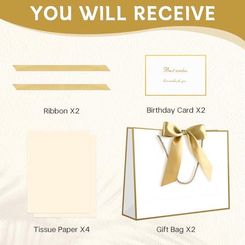 Image of JMANNI Gift Bags with Handles, 11 inch Small Gift Bag for Presents, 2 Pcs Bags with 4 Tissue Paper and 2 Cards for Graduation Baby Shower Wedding Fathers Day Mother's Day Birthday Party (Golden-White)