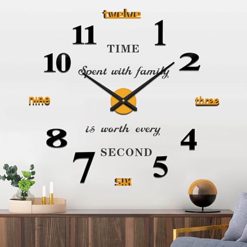VANGOLD Reloj de Pared Grande de Bricolaje 3D sin Marco Pegatina de Pared Reloj de Pared Ideal para Decorar una Pared en Blanco en un Salón, Una Cocina o un Hotel (Negro Oro)