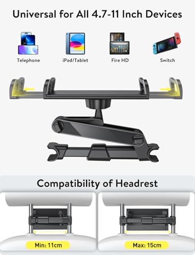 TRYONE Soporte Tablet Coche, Soporte Coche Reposacabezas - Soporte Extensible para Tablet Móvil iPad/Samsung Galaxy Tabs/Amazon Kindle Fire HD/Otros Dispositivos de 4.4-11 Pulgada - imagen 5