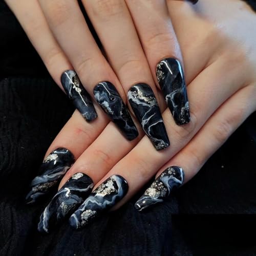 24 Pcs Black Marble Press on Nails Silver Glitter Fake Nails Desi...