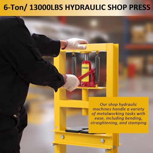Hydraulic Press 6 Ton Hydraulic Shop Press, H-Frame Garage Floor Benchtop Press Adjustable Shop Press with Plates, Adjustable Working Table Height, for Gears and Bearings, Yellow
