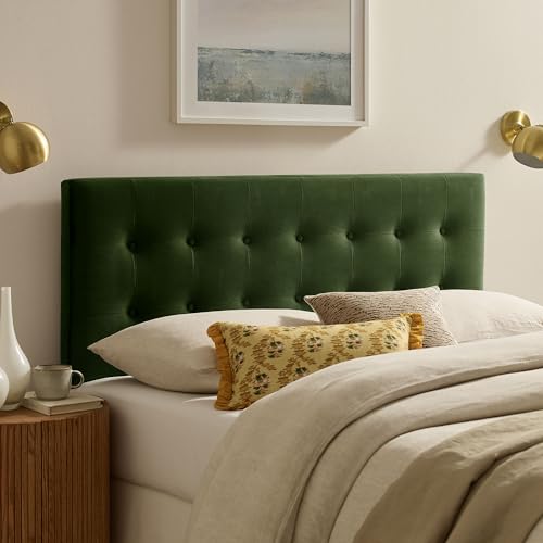 Modway Emily Queen Size Performance Velvet Headboard in Moss Green - Stain-Resistant Velvet Upholstery with Button Tufting and 7 Adjustable Height Positions