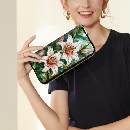 Image of Women's Wallets Credit Card Holder Money Leather Long Wallet | Long wallet with Wristlet,Large Capacity with Zip-Around Phone Purse for Women Ladies Girls,Art Lily Flower