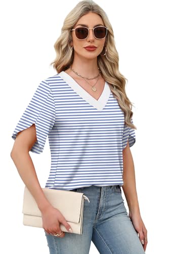 Image of WIHOLL Womens Summer Tops Short Petal Sleeve Shirts Fashion V Neck Womens Clothing