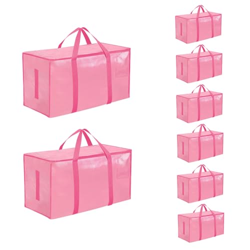 8 Pack-Extra Large Heavy Duty Moving Bags - Waterproof Storage Totes with Handles & Zippers, Foldable for College Dorm, Storage (Pink)