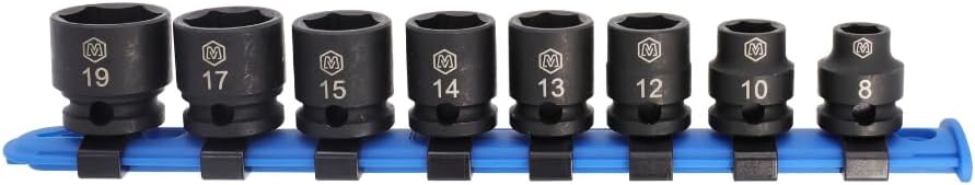 MichaelPro 3/8 Inch Low Profile Impact Socket Set, 8-Piece Low Profile Socket Set, CR-MO, with Socket Rail | MP005045
