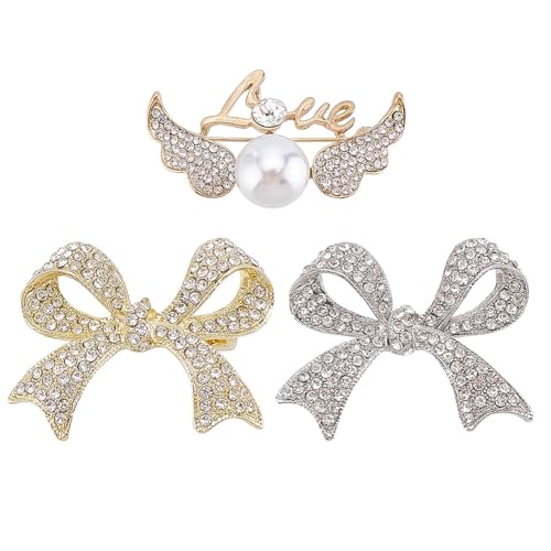 arricraft 3 broches de lazo y ala, broches de diamantes de imitación brillantes para mujer, vestidos delicados, traje, camisa, accesorios de ropa