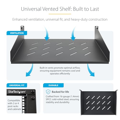 Image of StarTech.com 2U Rack Shelf, 12 inch Mounting Depth, Vented Cantilever Tray for 19 inch AV /Network Equipment, 25lb Capacity, for Small Office /Home Office