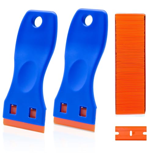 Bcautay 2 Stück Kunststoff Schaber mit 100 Kunststoffklingen Kunststoffklinge Schaber für Klebereste Entferner Klebstoffentferner Ceranfeld Glas und Edelstahl (blue)