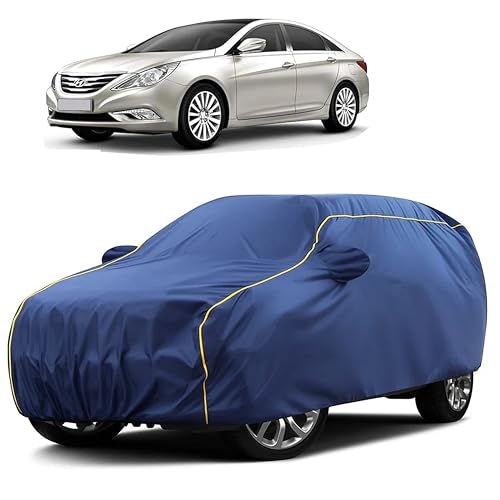 Image of Sulfar 100% Water Resistant Car Body Cover Compatible with Mirror for Hyundai Sonata (Triple Stitched, Full Bottom Elastic, Blue Taffeta with Yellow Piping)