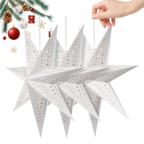 Image of Paper Star Lantern 3PCS Christmas Hanging Stars Garland Large Hollow Out Xmas Tree Topper Foldable Lamp Shade New Year Wedding Party Holiday Birthday Dercoration for Indoor and Outdoor 20in (White)