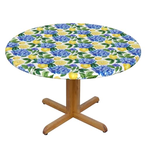 KiuLoam Summer Hydrangea Lemon Round Fitted Tablecloth with Elastic Edge Yellow Fruit Blue Floral Farmhouse Table Cloth 45-50 Inch Washable Outdoor Table Cover for Picnic Dinner Patry Decor by KiuLoam - Used condition - Image 8