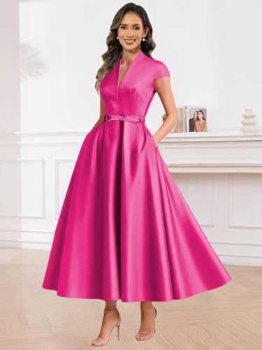 Satin Mother of The Groom Dresses for Women Tea Length V Neck A Line Formal Evening Gown with Pockets2