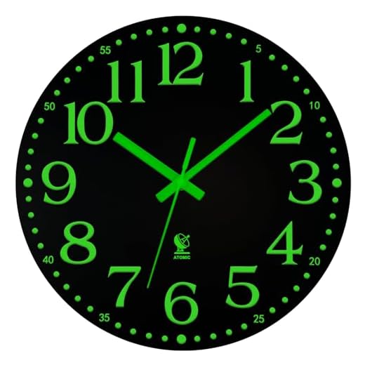 JoFomp Atomic Wall Clock Glow in Dark, 12 Inch Silent Wooden Wall Clocks Battery Operated, Atomic Clock Wall Radio Controlled Sets Automatically, Glow in The Dark Wall Clocks for Living Room Decor