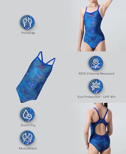 Image of Speedo Girl's Endurance+ Thinstrap Muscleback V-Cut One Piece Swimsuit | Swimming Costume for Girls | Quick Drying Fabric | UPF 40+ Sun Protection | Chlorine Resistance