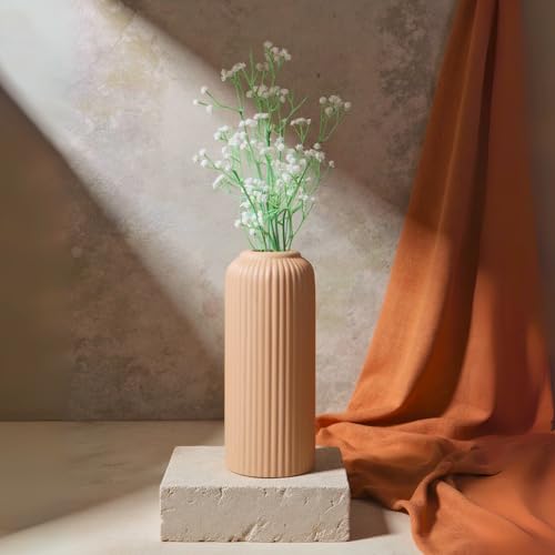 Image of KREATIVE ART'S Modern Ribbed Design Ceramic Flower Vase for Living Room, Flower Pots for Artificial Flower, Home Decoration Item, Home Decor, Vases for Living Room (Beidge, Large)