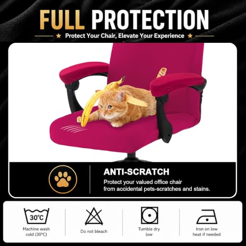 Image of Stretch Computer Office Chair Cover with Armrest Covers Durable Zipper Universal Washable Removable Spandex Rotating Boss Chair Slipcovers Anti-dust Soft Desk Chair Seat Protector, Hot Pink