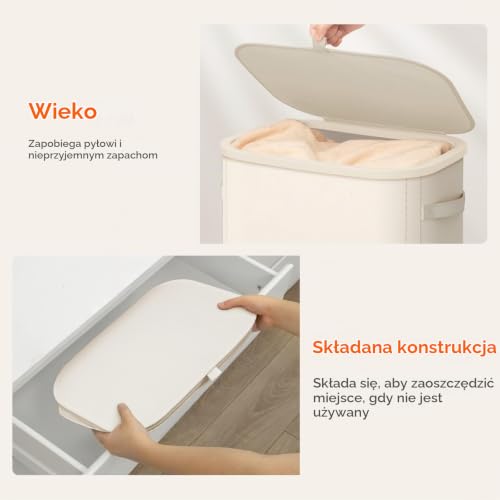 Lifewit Kosz na Pranie z Pokrywą, Wąski Kosze na Pranie z Plastikowymi Uchwytami i Wyjmowaną Torbą, Składany Wysoki Kosz do Pralni, Sypialni, Łazienki i Akademika, 65 L, Biały