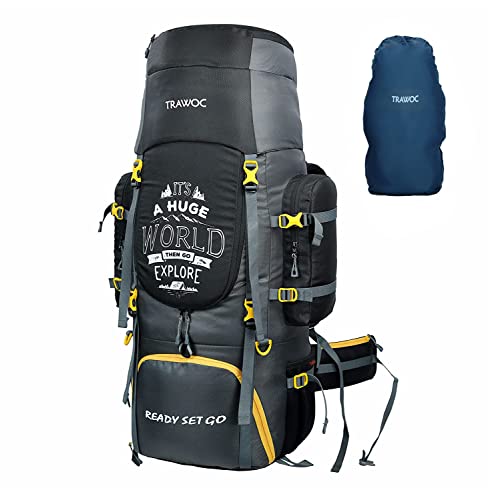 TRAWOC 80 L Camping Hiking Trekking Bag Travel Rucksack with Rain Cover/Shoe Compartment BHK004 1 Year Warranty (Grey-Black)