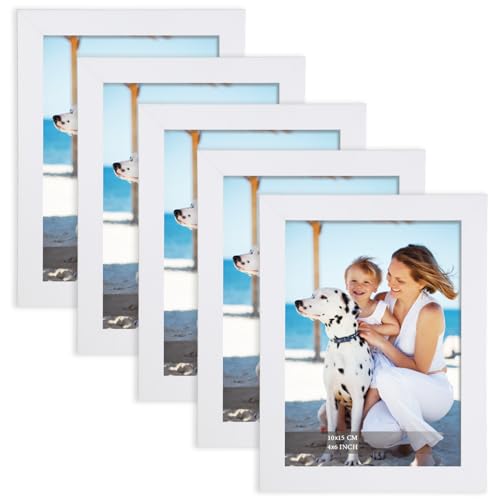 Joyshare Bilderrahmen 10x15 Weiß, MDF Holzrahmen, 5er Set 10x15 cm Weiß Bilderrahmen, mit hochklar Acrylglas Moderner Fotorahmen, ideal für Fotos/Bilder/Kunstwerke, Wechselrahmen