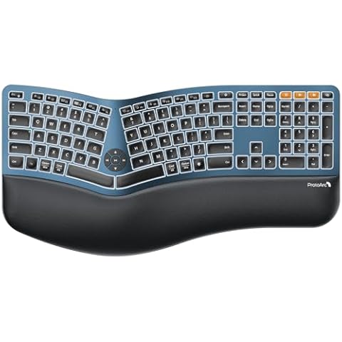 ProtoArc Backlit Wireless Ergonomic Keyboard, EK01 Plus Full Size Ergo Keyboard with Wrist Rest, Split Design, Rechargeable, Bluetooth and USB, Natural Typing Compatible with Windows/Mac/Android, Blue Cover