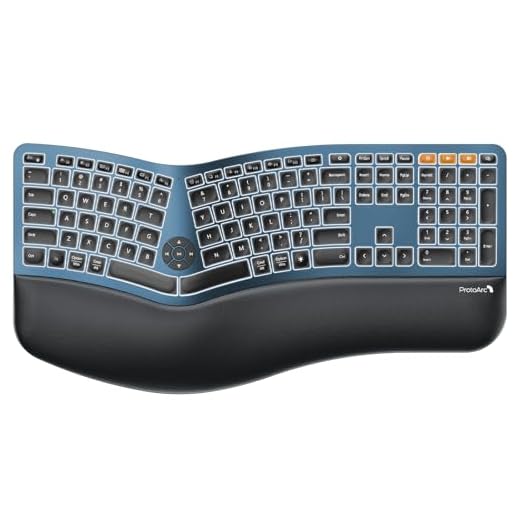 ProtoArc Backlit Bluetooth Ergonomic Keyboard, EK01 Plus Full Size Wireless Split Keyboard with Dual Bluetooth and USB, Cushioned Wrist Rest, Rechargeable, Compatible with Windows/Mac/Android, Blue