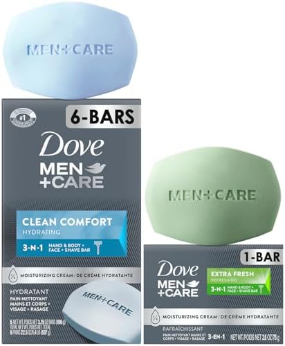 Dove Men+Care Clean Comfort Soaps (1 Box/6 Bars) + 1 Bar Extra Fresh Hydrating 3-in-1 Hand & Body, Face + Shave Soap