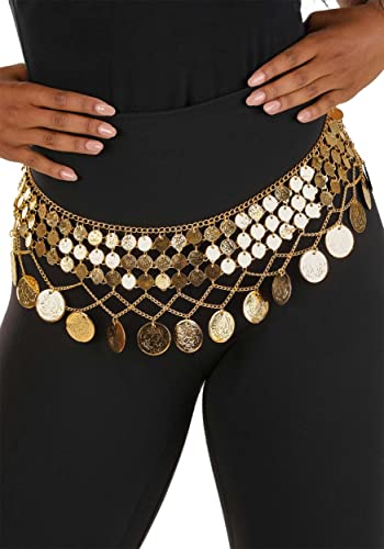 Belly Dancer Costume Coin Belt for Adults - Adjustable Gold Tone Chain with Embossed Coins