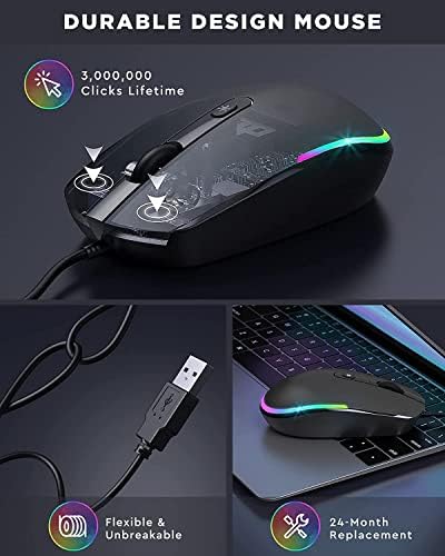 Seenda Wired Mouse, LED RGB Backlit Mouse with 1.5m USB Cable, 1600 DPI Silent Ergonomic Portable Computer Laptop Corded Mice for All USB Enabled Devices - Black