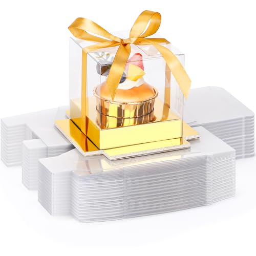 EUSOAR Disposable Clear Cupcake Containers, 50pcs 3.5 Inch Plastic Individual Cupcake Carrier with Ribbon and Inserts, Single Transparent Cupcake Holder with Lids Storage for Cake Dessert-Gold