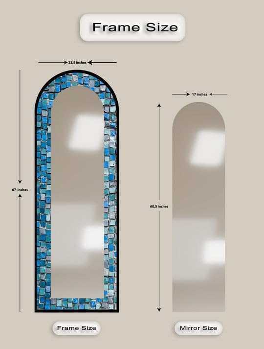 23,5’’W x 67’’H Textured Aqua Stone Mosaic – Full Lenght Floor Mirror Arched Full Lenght Mirror - Arch Full Body Stained Floor Mirror with Black Frame with Black Frame