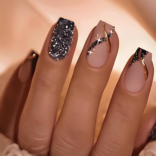 Square Press on Nails Short Black Fake Nails Silver False Nails Gold Swirl Stick on Nail - Glitter Acrylic Nail Artificial Full Cover Nude Glue on Nail for Women Girls Daily Wear Manicure 24PCS…