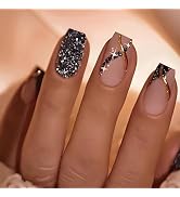Black Press on Nails Short Square Fake Nails Silver False Nails Nude Gold Swirl Stick on Nails Si...