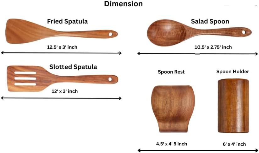 Miniatura 4 de Cuchara de madera para cocinar, 5 piezas de espátula de madera de teca premium, juego de utensilios de cocina, antiadherente y no tóxico, espátula
