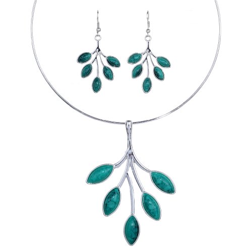 Yazilind Vintage Tibetan Silver Branch azul turquesa babero collar llamativo pendientes Set regalo de las mujeres