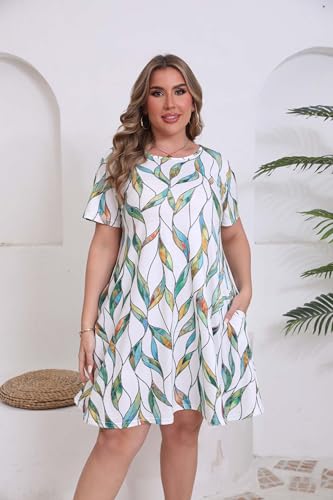 Image of 3X Plus Size Summer Dresses for Women Casual Floral Print T Shirt Dress with Pockets Above Knee Knegth White